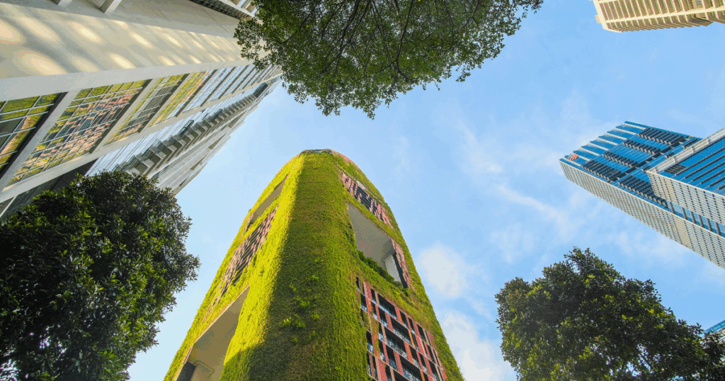 Image text- Sustainable architecture and green building design illustration.